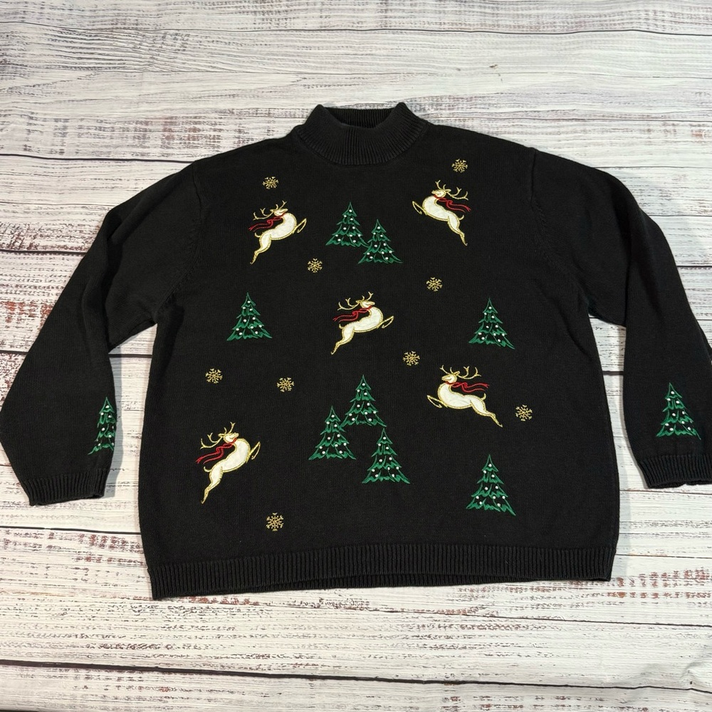Black Southern Lady Holiday Sweater with Green Trees and Reindeer with snowflake